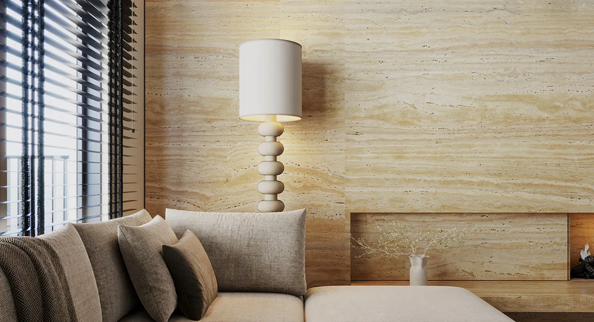 Травертин Travertine Striato в интерьере (камин / портал камина и отделка стен / стены)